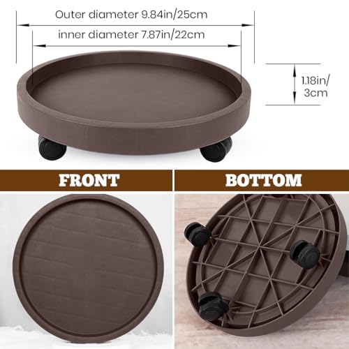 HASTHIP® 25cm Plant Pot Stand with Wheels, Round Mobile Planter Tray with 4 Wheels, Rolling Plant Caddy Saucer, Resin Plant Stand with Smooth Casters for Indoor & Outdoor Use, Brown - Image 2