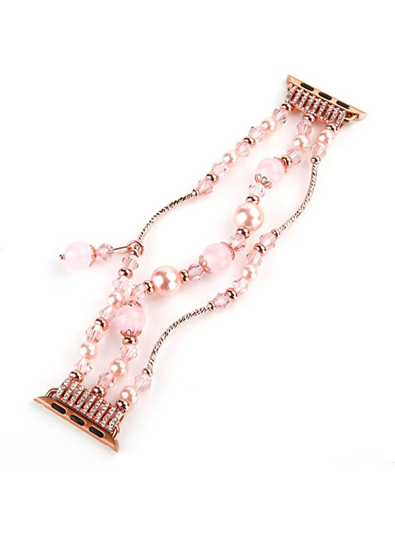 Compatible with Apple Watch Band 42mm/44mm/45mm/ Rose Gold Women Agate Pearl Bracelet, Fashion Handmade Elastic Replacement Strap for iWatch Bands Series 8/7/6/5/4/ Girls Wristband (Pink) - Image 1