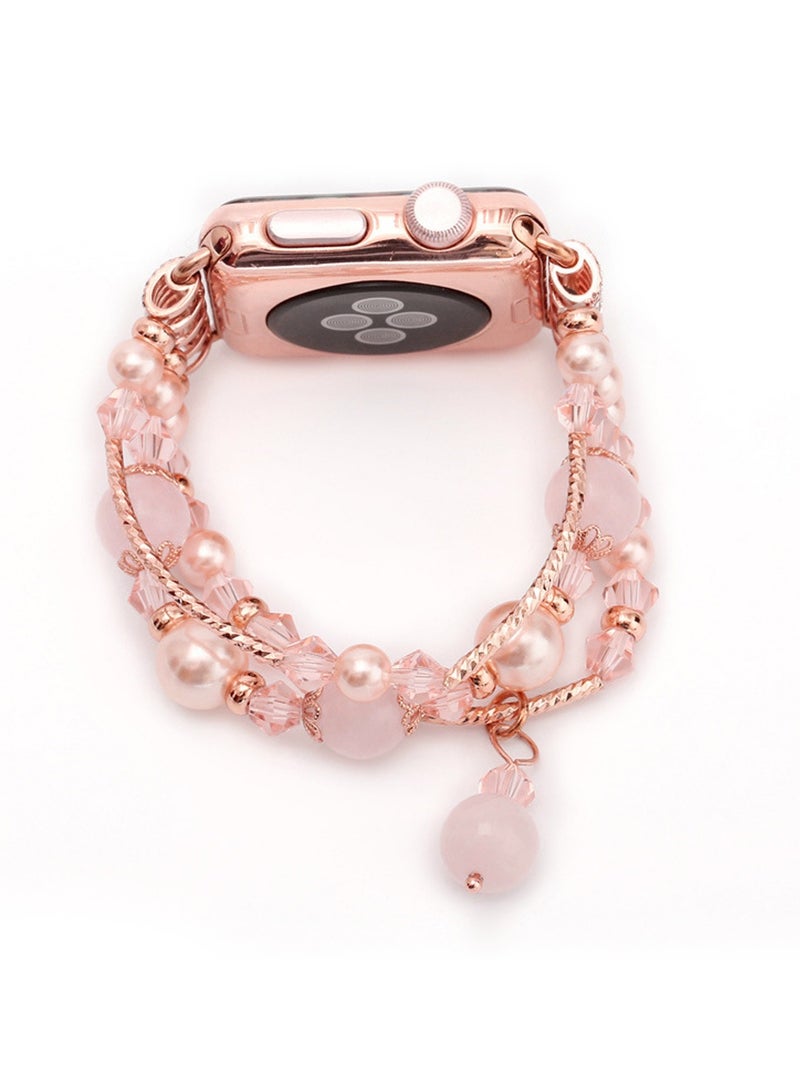 Compatible with Apple Watch Band 42mm/44mm/45mm/ Rose Gold Women Agate Pearl Bracelet, Fashion Handmade Elastic Replacement Strap for iWatch Bands Series 8/7/6/5/4/ Girls Wristband (Pink) - Image 2