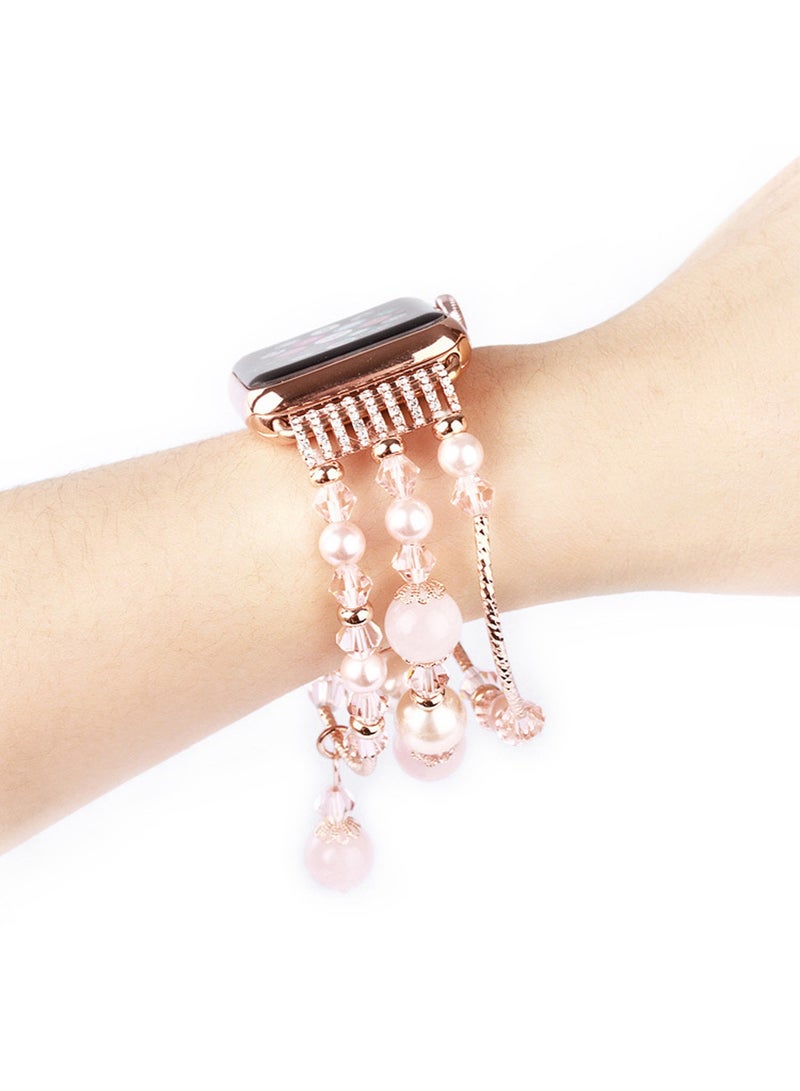 Compatible with Apple Watch Band 42mm/44mm/45mm/ Rose Gold Women Agate Pearl Bracelet, Fashion Handmade Elastic Replacement Strap for iWatch Bands Series 8/7/6/5/4/ Girls Wristband (Pink) - Image 4