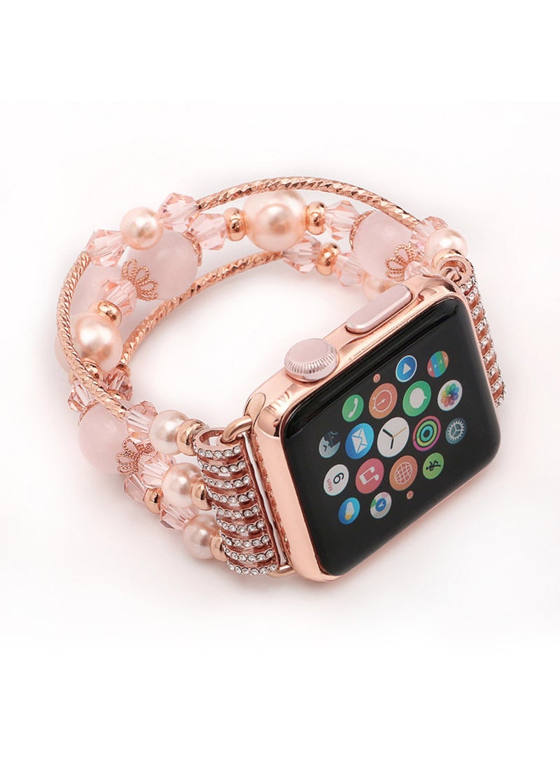 Compatible with Apple Watch Band 42mm/44mm/45mm/ Rose Gold Women Agate Pearl Bracelet, Fashion Handmade Elastic Replacement Strap for iWatch Bands Series 8/7/6/5/4/ Girls Wristband (Pink) - Image 3