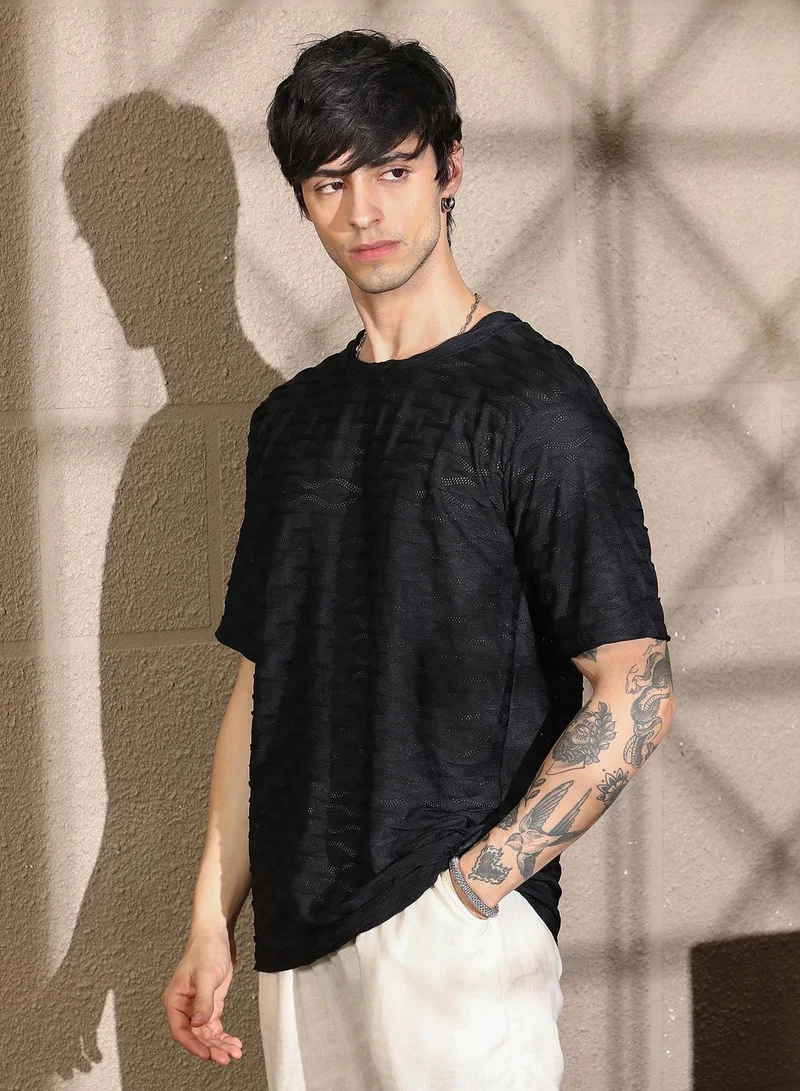 Campus Sutra Men's Midnight Black Wave-Tactile Oversized T-Shirt
