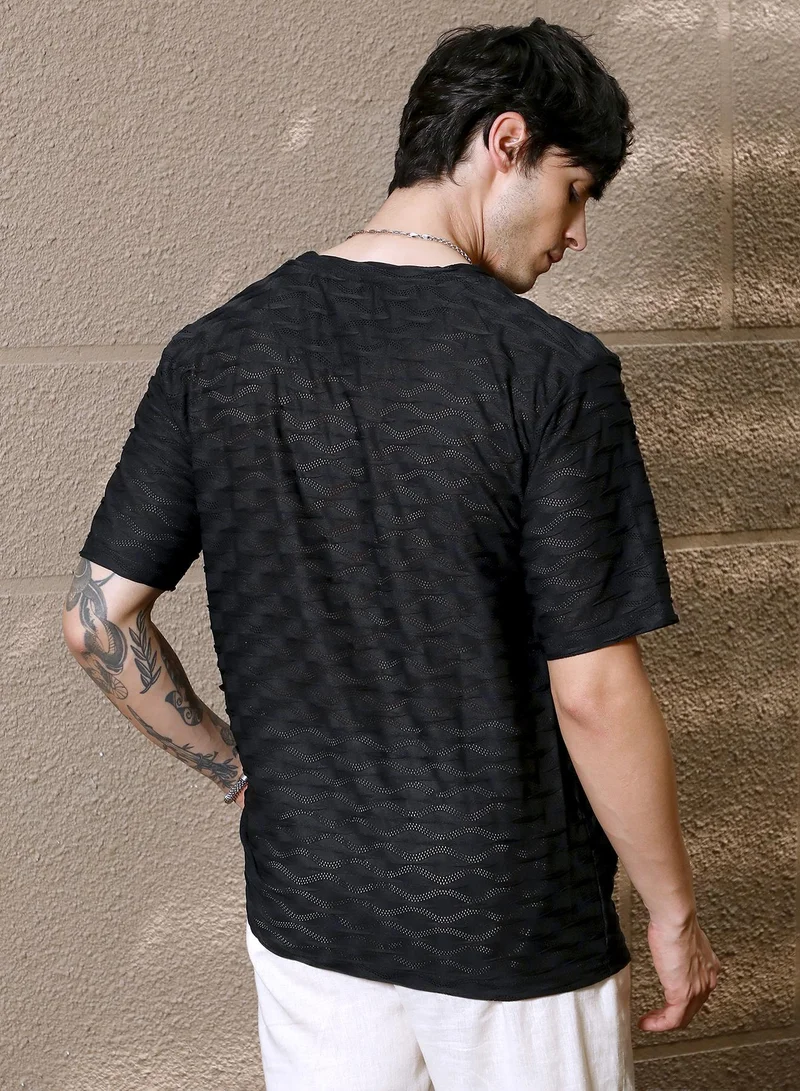 CAHOOT  Men's Midnight Black Wave-Tactile Oversized T-Shirt for Men | Best Price UAE
