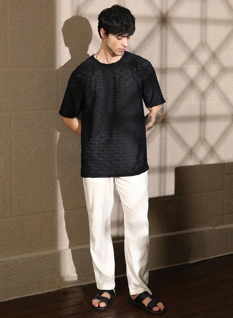 CAHOOT  Men's Midnight Black Wave-Tactile Oversized T-Shirt for Men | Best Price UAE