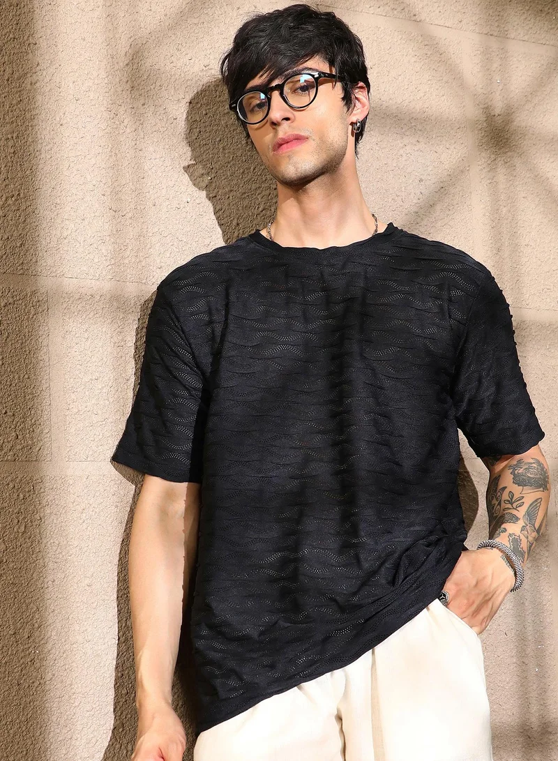 Campus Sutra Men's Midnight Black Wave-Tactile Oversized T-Shirt