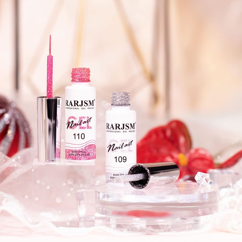 RARJSM Gel Liner Nail Art Reflective Glitter Gel Nail Polish Thin Brush Silver Neon Hot Pink Flash Diamond PaintedGel 2PCS Set Soak off Curing Requires 8ml for Home Salon Diy Nail Design Decoration - Image 3