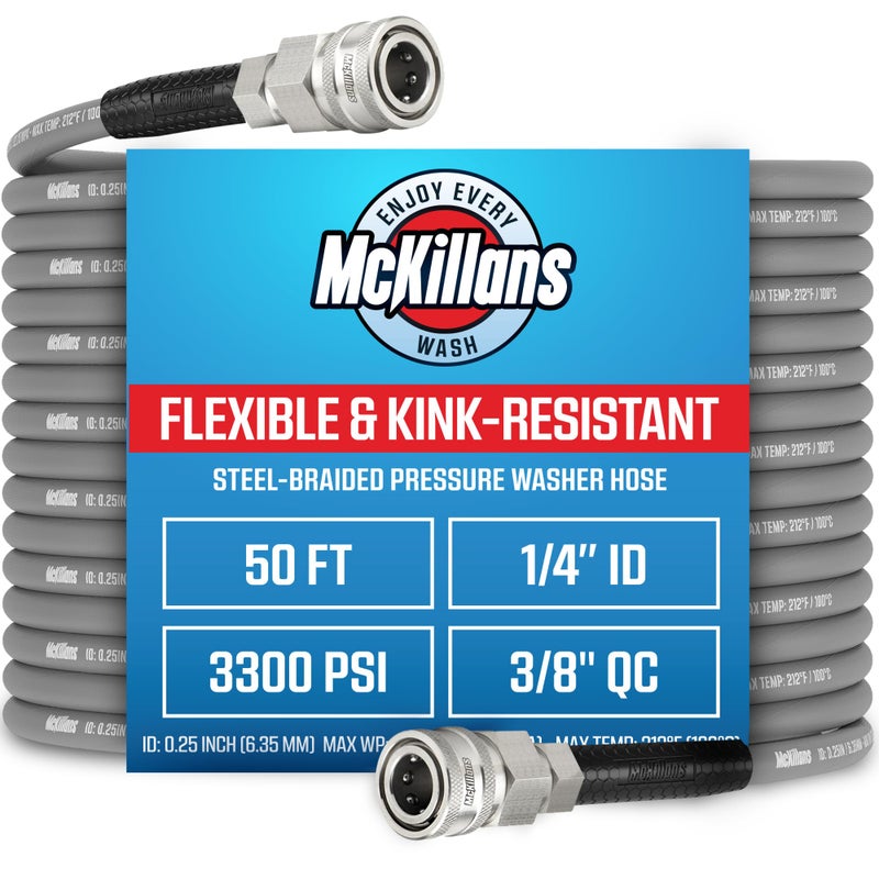 McKillansÂ® QC Installed Pressure Washer Hose 50 ft - Flexible & Kink-resistant - Steel-Braided & Durable- 3/8" QC Pre-Installed Stainless Steel - Power Washer Hose - High Pressure 1/4" Inner Diameter - Image 1