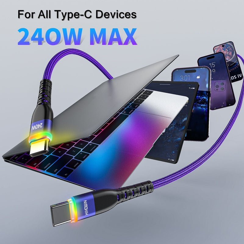 3pcs 240W Fast Charging USB C Cable With Breathing Light Nylon Braided Cord 1m Pink For iPhone Macbook Pro iPad Pro Samsung Huawei Xiaomi Google And More - Image 3