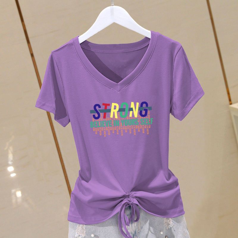 Summer Plus Size Cotton V-Neck Slimming Tee for Women Purple-STRONG-Green