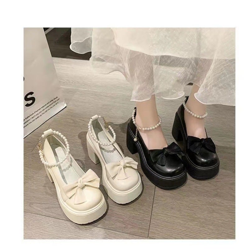 Z Japanese Style Thick-Soled Mary Jane Women'S Shoes Spring & Fall Pearl Bow French High Heels Versatile Small Leather - Image 4