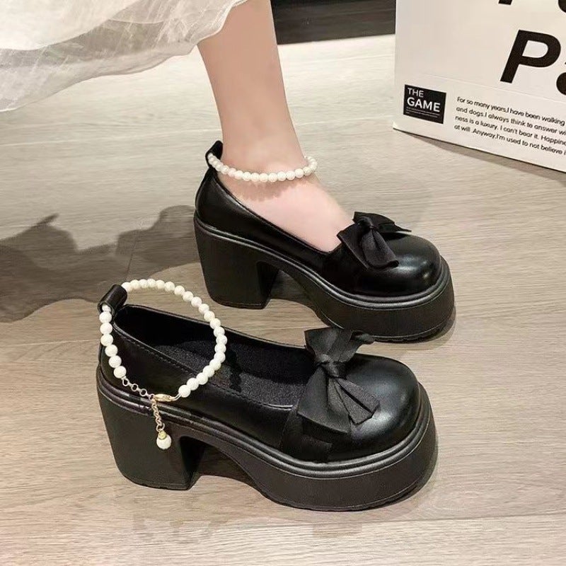 Z Japanese Style Thick-Soled Mary Jane Women'S Shoes Spring & Fall Pearl Bow French High Heels Versatile Small Leather - Image 5