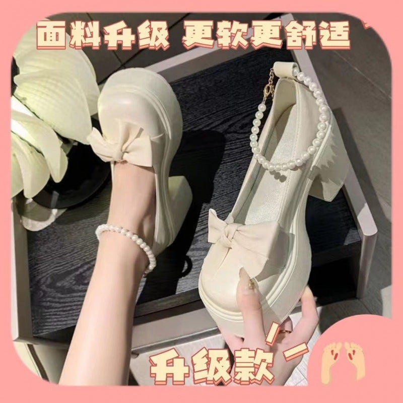 Z Japanese Style Thick-Soled Mary Jane Women'S Shoes Spring & Fall Pearl Bow French High Heels Versatile Small Leather - Image 1