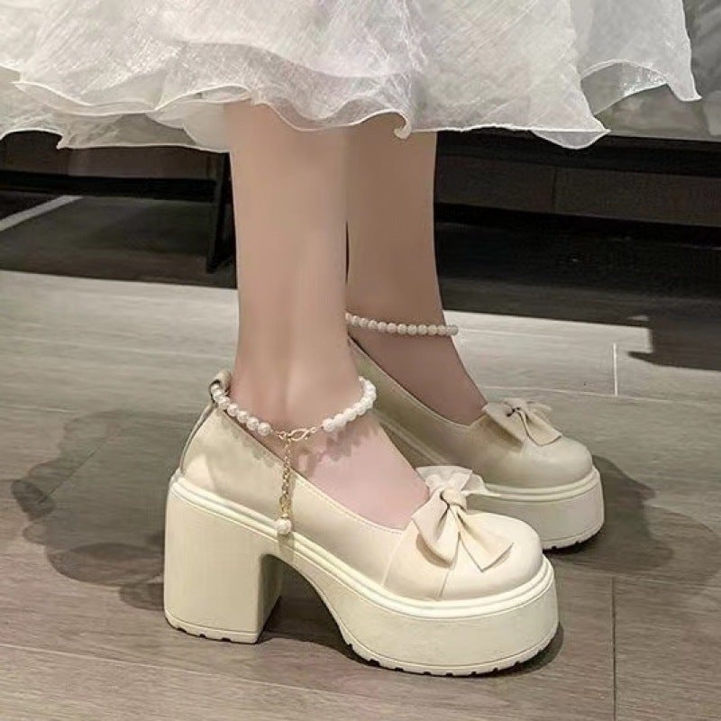 Z Japanese Style Thick-Soled Mary Jane Women'S Shoes Spring & Fall Pearl Bow French High Heels Versatile Small Leather - Image 2