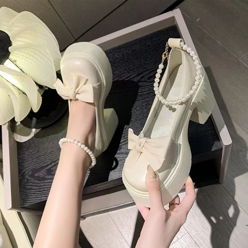 Z Japanese Style Thick-Soled Mary Jane Women'S Shoes Spring & Fall Pearl Bow French High Heels Versatile Small Leather - Image 3