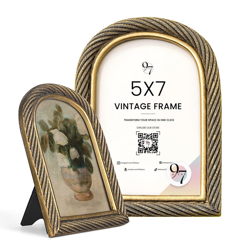 97 Decor Rustic 5x7 Gold Picture Frame- Gold Vintage Frame 5x7  Antique Ornate Photo Frame 5 By 7 Picture Frames  Arch Frames For Tabletop And Wall Hanging - Image 1
