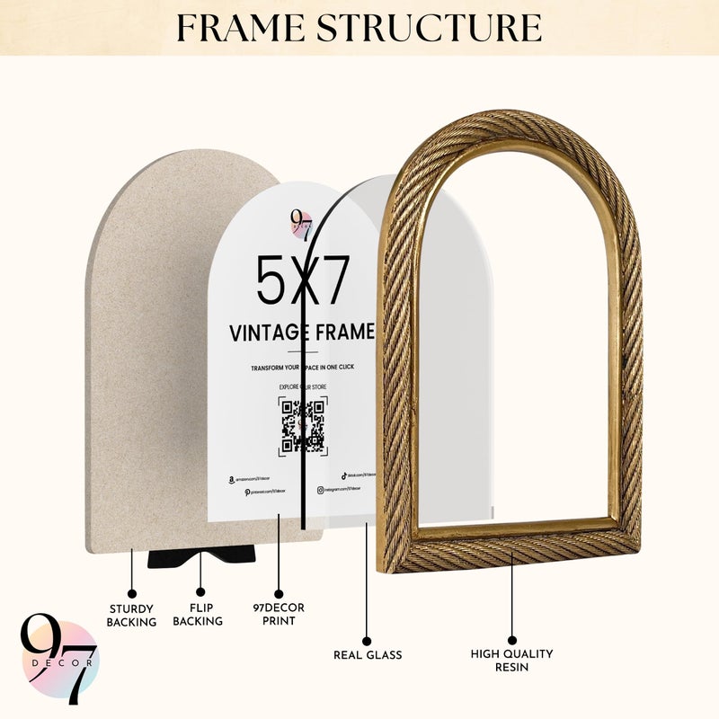 97 Decor Rustic 5x7 Gold Picture Frame- Gold Vintage Frame 5x7  Antique Ornate Photo Frame 5 By 7 Picture Frames  Arch Frames For Tabletop And Wall Hanging - Image 3