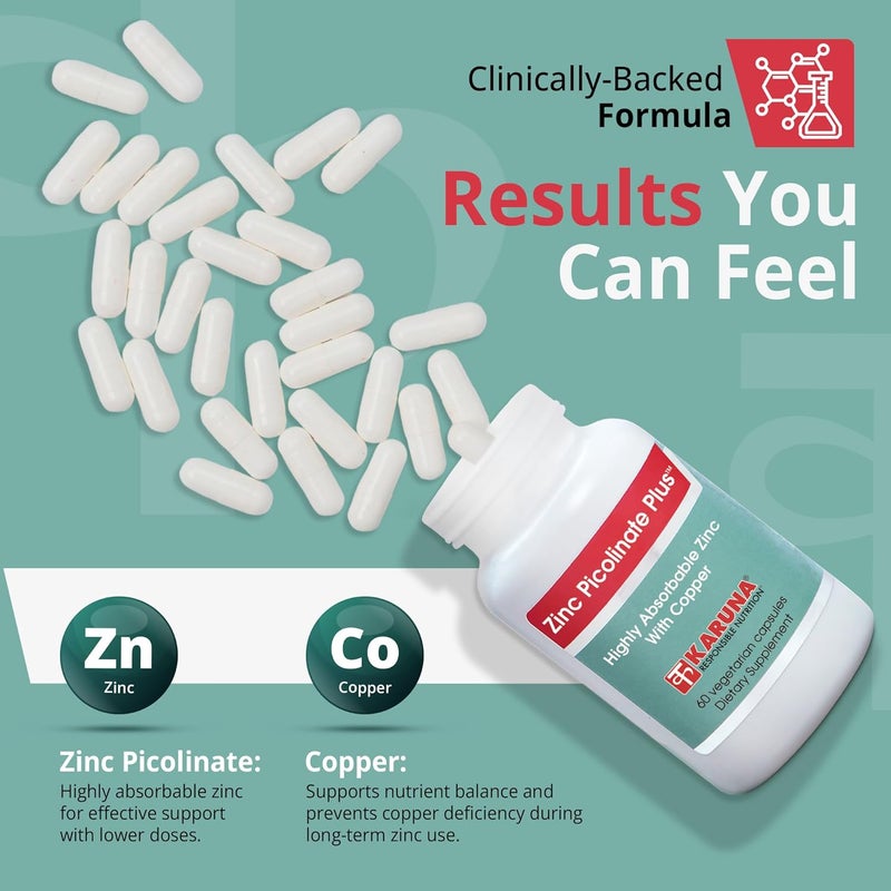 Karuna Zinc Picolinate Plus 60 Vegetarian Capsules  25 MG Plus 25 MG Copper for BALACED Long Term USE  Supporting Immune Function Skin Health Development and Overall WellBeing - Image 4