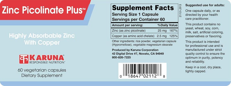 Karuna Zinc Picolinate Plus 60 Vegetarian Capsules  25 MG Plus 25 MG Copper for BALACED Long Term USE  Supporting Immune Function Skin Health Development and Overall WellBeing - Image 2