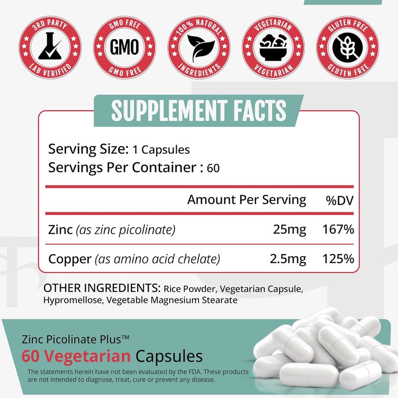 Karuna Zinc Picolinate Plus 60 Vegetarian Capsules  25 MG Plus 25 MG Copper for BALACED Long Term USE  Supporting Immune Function Skin Health Development and Overall WellBeing - Image 5