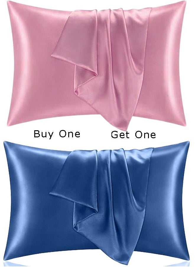 snooze - Buy one Get one,Satin Pillowcase for Hair and Skin, 48*70 cm (Dark pink & Blue) - Image 1