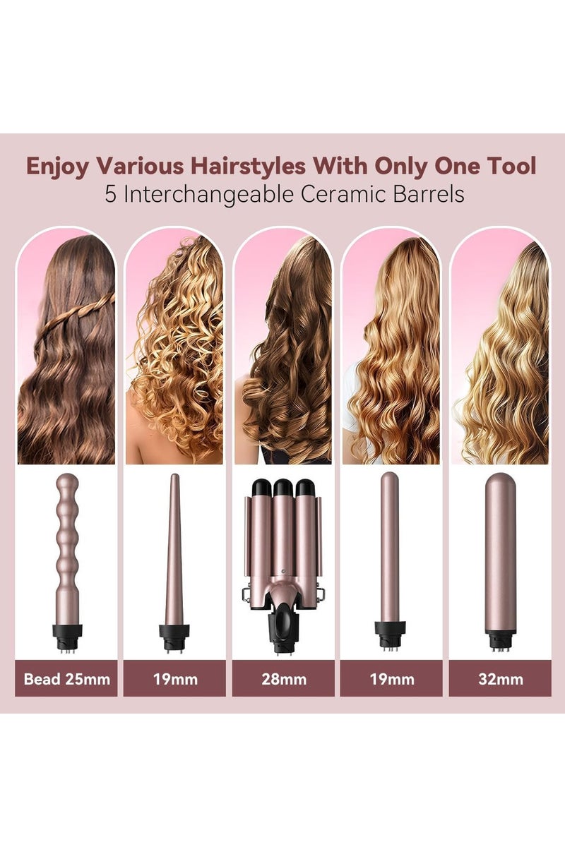 ECVV 5 in 1 Curling Wand Set Multi Curl, Hair Curler Curling Iron Set with 5 Interchangeable Ceramic Barrels, Instant Heat Up, Dual Voltage, Rose Gold - Image 2