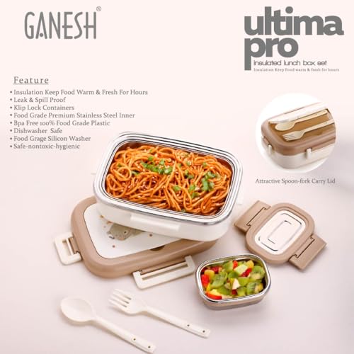 GANESH Ultima Pro Stainless Steel Insulated Lunch Box Container with Airtight Lid for Office & School Use/Food Grade/Air Tight/Easy to Carry/Leak Proof (750+140ml) - Brown - Image 5