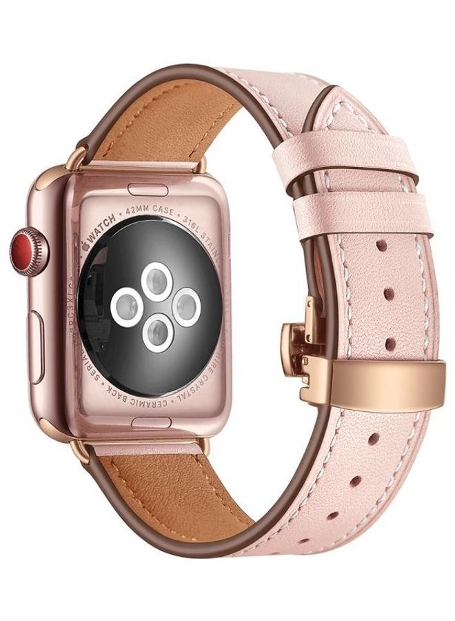NIBEMINENT Genuine Leather and Butterfly Rose Gold Buckle Replacement Watchbands For Apple Watch Series 7/6/SE/5/4/3/2/1 38/40/41mm Pink - Image 1
