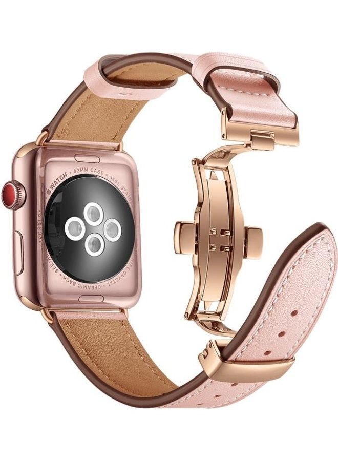 NIBEMINENT Genuine Leather and Butterfly Rose Gold Buckle Replacement Watchbands For Apple Watch Series 7/6/SE/5/4/3/2/1 38/40/41mm Pink - Image 2