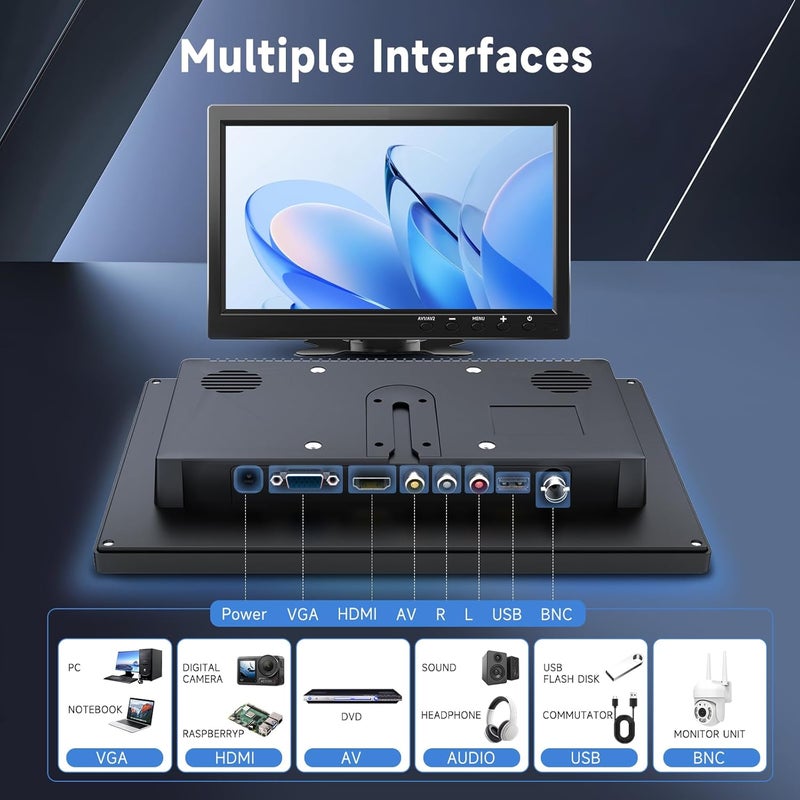 Podofo 10.1” HD Monitor for Mini TV & Car Video Player & Computer Display TFT LCD Color Screen for Car Backup Camera & Home Security System Built in Speaker Support BNC/AVI/VGA/HDMI - Image 3