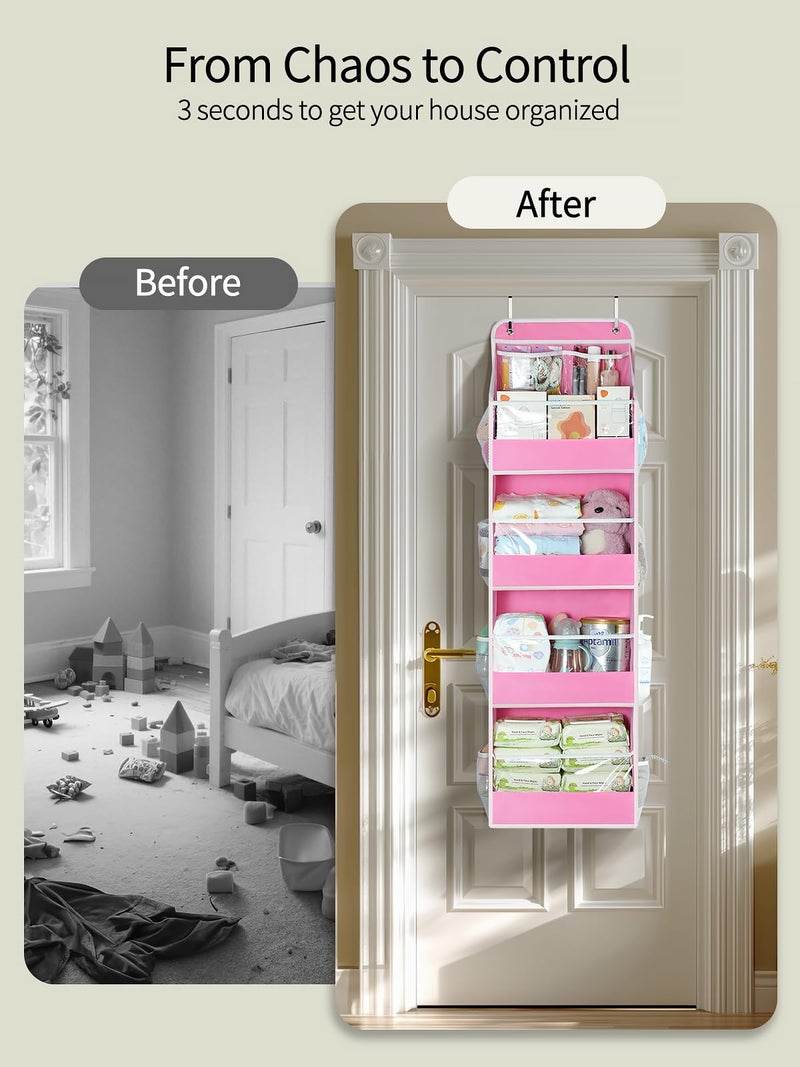 Yecaye 5 Tier Over the Door Organizer, Swing-proof Door Organizer Hanging with Clear PVC Windows, Behind the Door Storage for Bedroom Nursery Closet Laundry Pantry Bathroom, Bubblegum Pink - Image 2