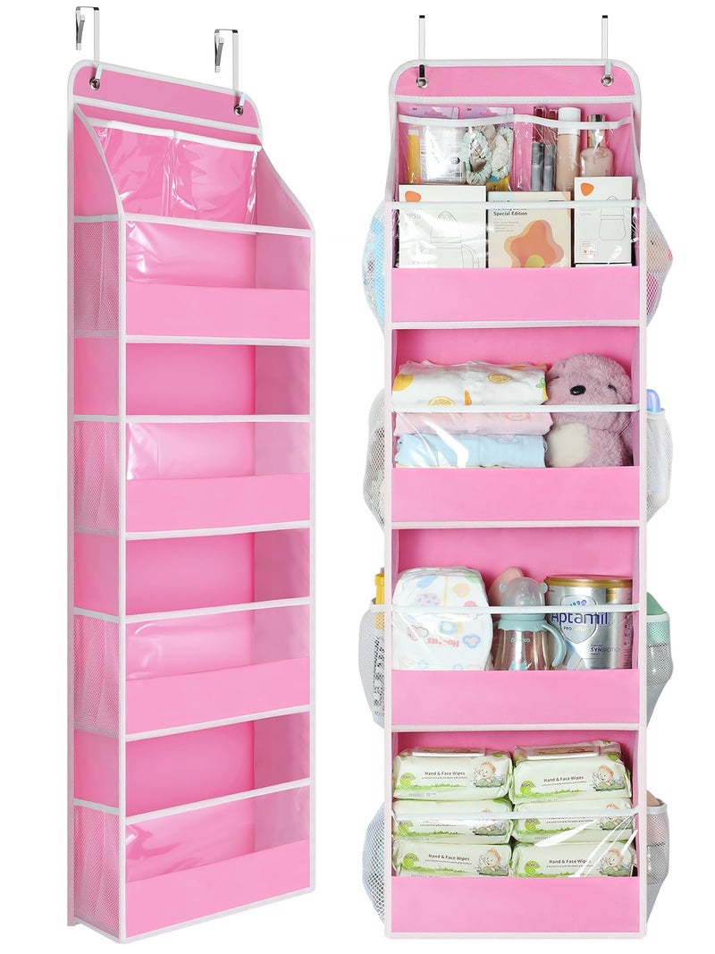 Yecaye 5 Tier Over the Door Organizer, Swing-proof Door Organizer Hanging with Clear PVC Windows, Behind the Door Storage for Bedroom Nursery Closet Laundry Pantry Bathroom, Bubblegum Pink - Image 1