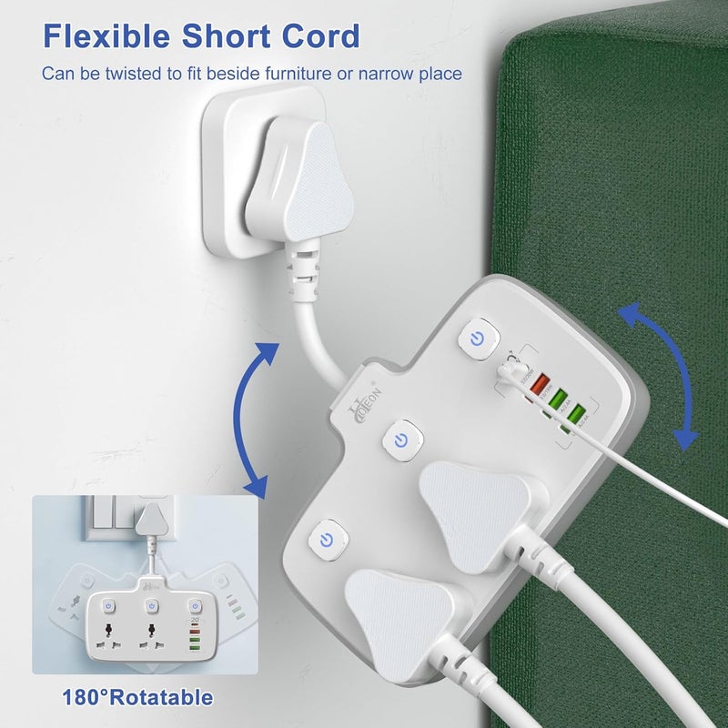 Hoteon Extension Board Individual Switch Power Strip with 20W Fast PDType C 2500W 10A Extension Cord with 2 Universal Socket 1 QC30 Port 2 USBA Surge Protection for Home - Image 2
