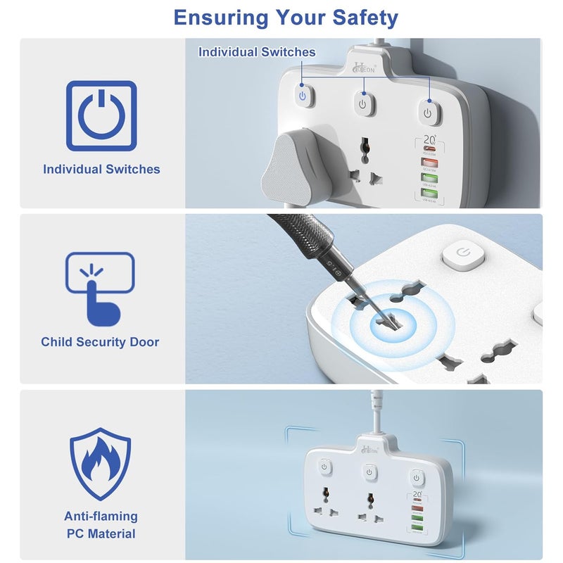 Hoteon Extension Board Individual Switch Power Strip with 20W Fast PDType C 2500W 10A Extension Cord with 2 Universal Socket 1 QC30 Port 2 USBA Surge Protection for Home - Image 4