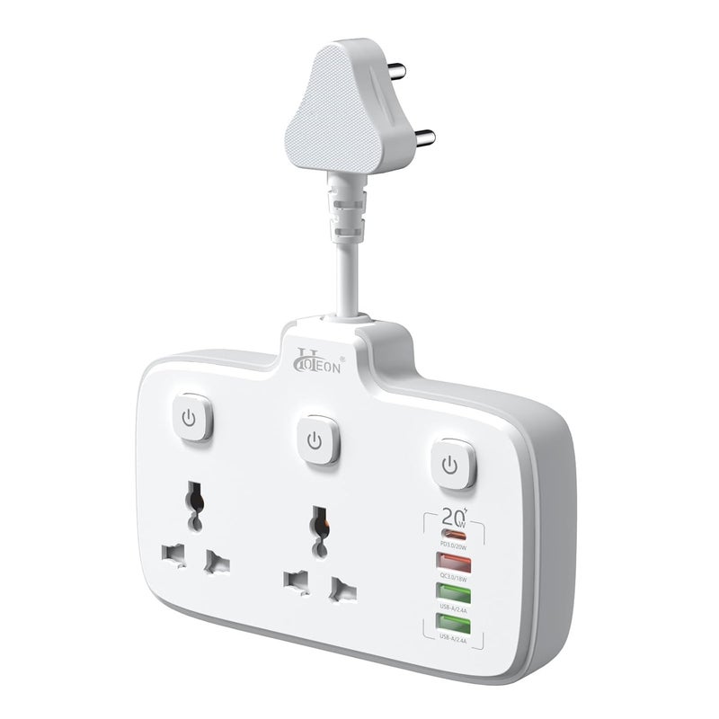 Hoteon Extension Board Individual Switch Power Strip with 20W Fast PDType C 2500W 10A Extension Cord with 2 Universal Socket 1 QC30 Port 2 USBA Surge Protection for Home - Image 1