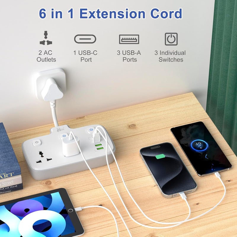 Hoteon Extension Board Individual Switch Power Strip with 20W Fast PDType C 2500W 10A Extension Cord with 2 Universal Socket 1 QC30 Port 2 USBA Surge Protection for Home - Image 3