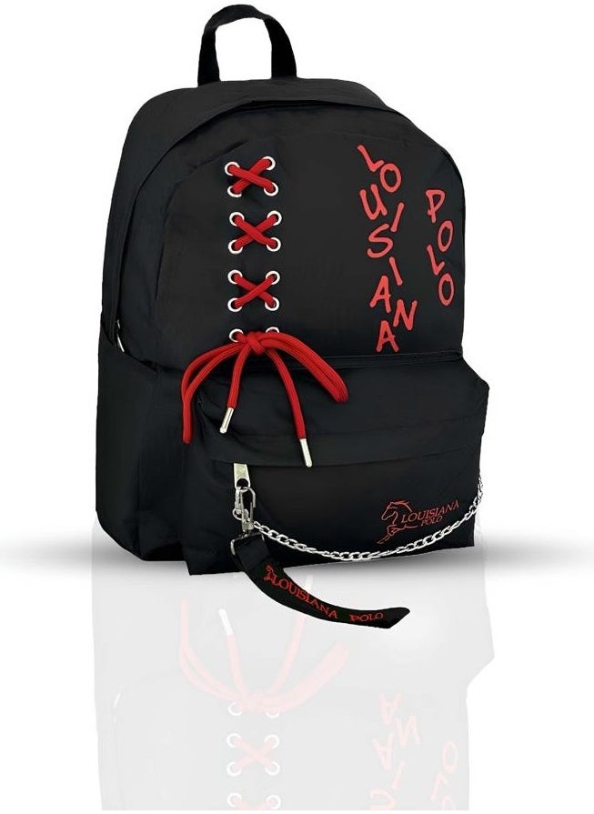 Louisiana Polo - Laptop Compartment School Bag Black Red 1141 - Image 1