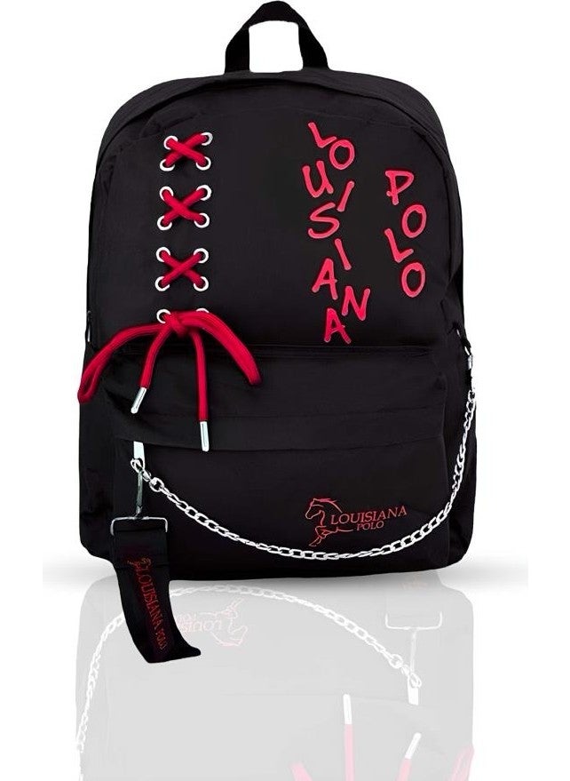 Louisiana Polo - Laptop Compartment School Bag Black Red 1141 - Image 1