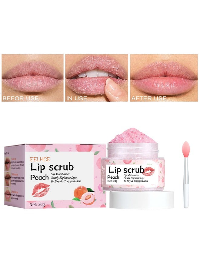 Peach Lip Scrub,  for Dry Cracked and Dark Lips-Lip Scrubs ,Exfoliator and Moisturizer with Lip Brush, Natural Gentle Lip Treatment, Peach Sugar Lip Scrub for Dry, Cracked and Dark Lips 30g