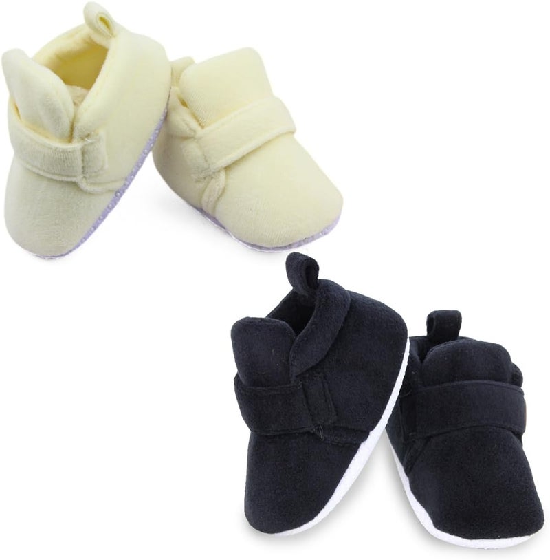Neska Moda Set Of 2 Pair Baby Boys & Baby Girls 6 To 12 Months Velvet Hook & Loop Booties (Black,Off-White)-BT781andBT3624 - Image 2