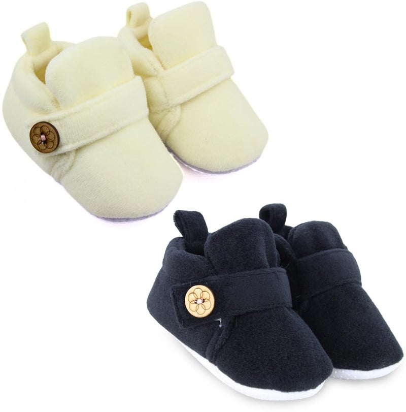 Neska Moda Set Of 2 Pair Baby Boys & Baby Girls 6 To 12 Months Velvet Hook & Loop Booties (Black,Off-White)-BT781andBT3624 - Image 1