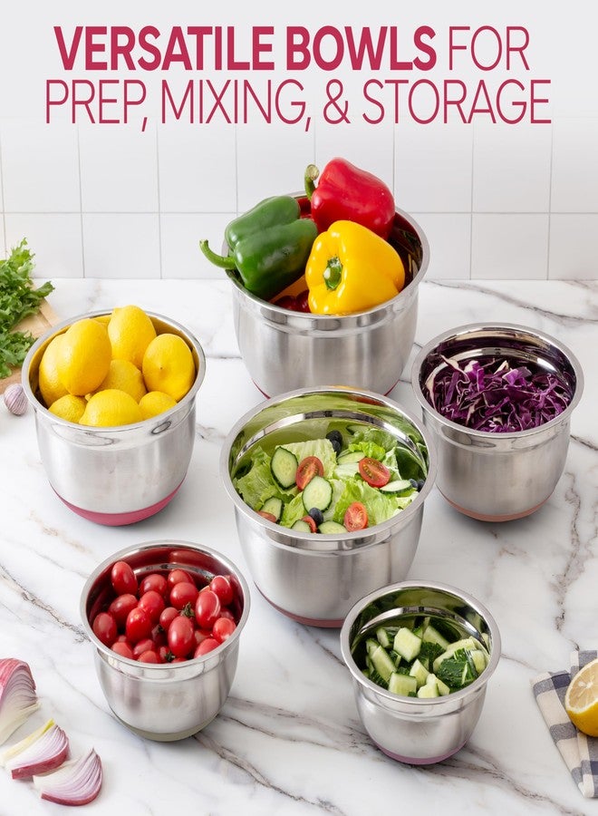 COOK WITH COLOR طقم أوعية خلط من الفولاذ المقاوم للصدأ مع أغطية - أوعية متداخلة مع قاعدة غير قابلة للانزلاق، وردي، 12 قطعة - Image 4