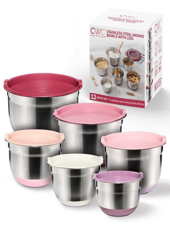 COOK WITH COLOR طقم أوعية خلط من الفولاذ المقاوم للصدأ مع أغطية - أوعية متداخلة مع قاعدة غير قابلة للانزلاق، وردي، 12 قطعة - Image 1