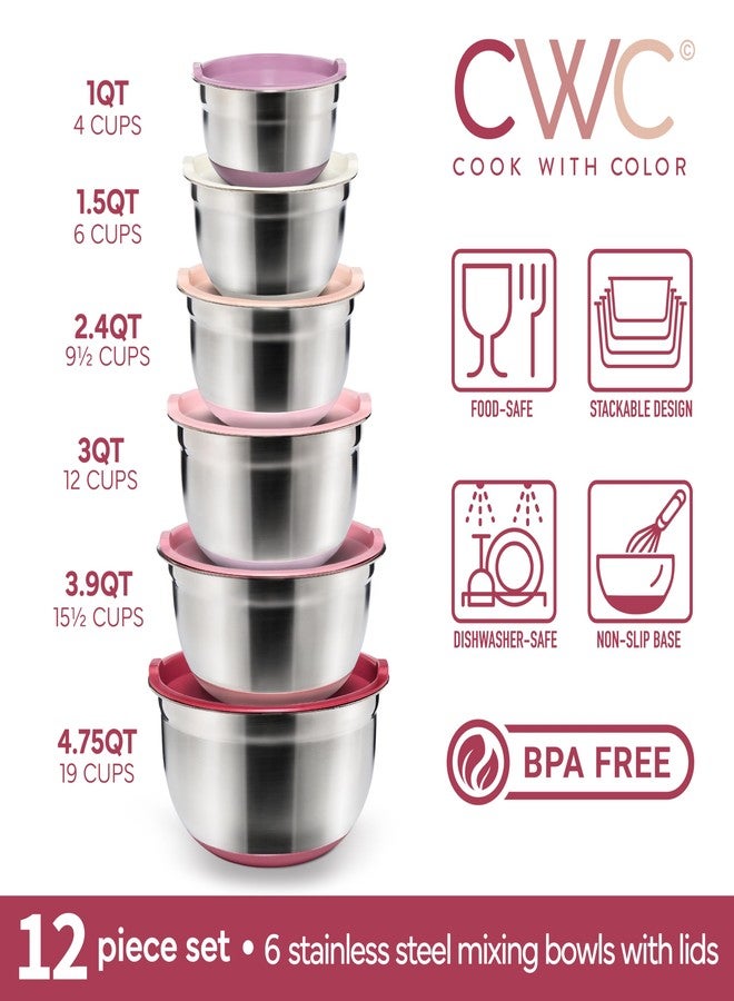 COOK WITH COLOR طقم أوعية خلط من الفولاذ المقاوم للصدأ مع أغطية - أوعية متداخلة مع قاعدة غير قابلة للانزلاق، وردي، 12 قطعة - Image 2