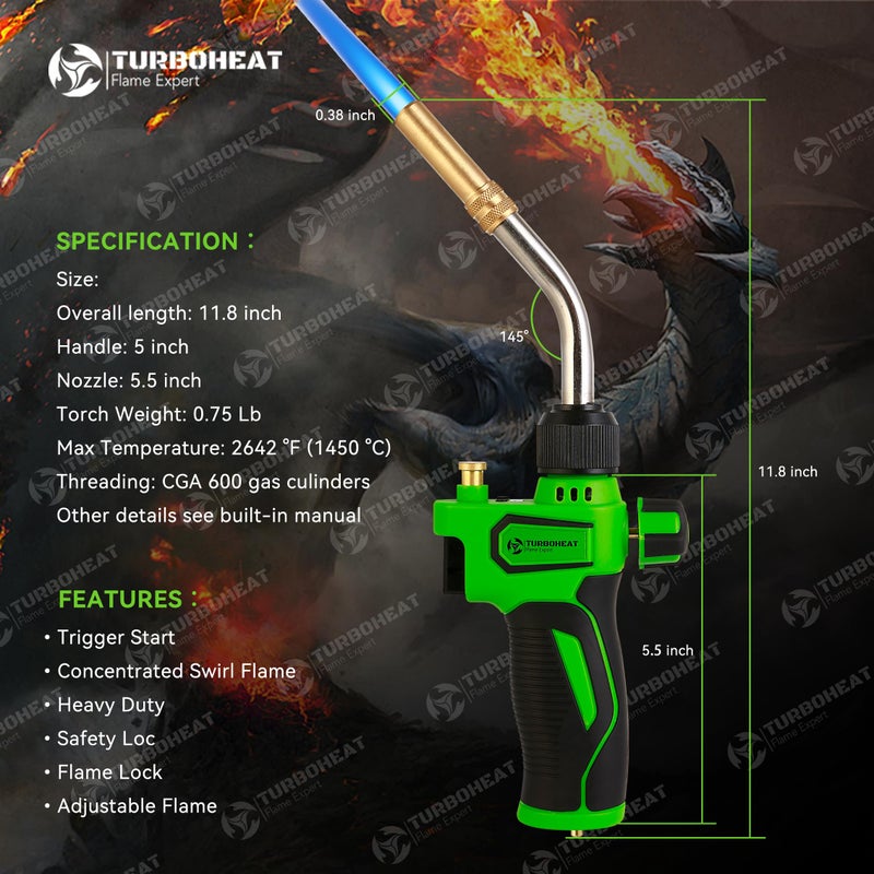TURBOHEAT High-Intensity Propane Torch Head,Auto Trigger Start MAPP MAP Gas Torch Mini Propane Torch Head with Igniter Rubber Wrap Handle MAP-PRO Soldering Torch Gun Kit Blow-torch for Welding Brazing - Image 3