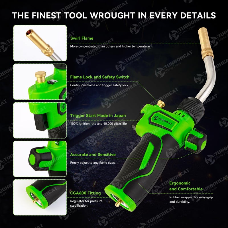 TURBOHEAT High-Intensity Propane Torch Head,Auto Trigger Start MAPP MAP Gas Torch Mini Propane Torch Head with Igniter Rubber Wrap Handle MAP-PRO Soldering Torch Gun Kit Blow-torch for Welding Brazing - Image 4