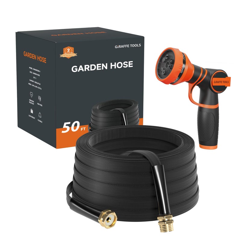 Giraffe Tools Garden Hose 50FT Lightweight Lay Flat Water Hose Kink Free Flexible Hose with 9 Spray Function Nozzle, Black - Image 1
