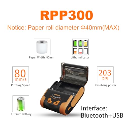 Rongta Portable 80mm POS Printer, Mobile Thermal Receipts Printer, USB&Bluetooth Connection, Compatible with Android Phone, Do Not Square/Ipad/Computer/Android Tablet(RPP300) - Image 2
