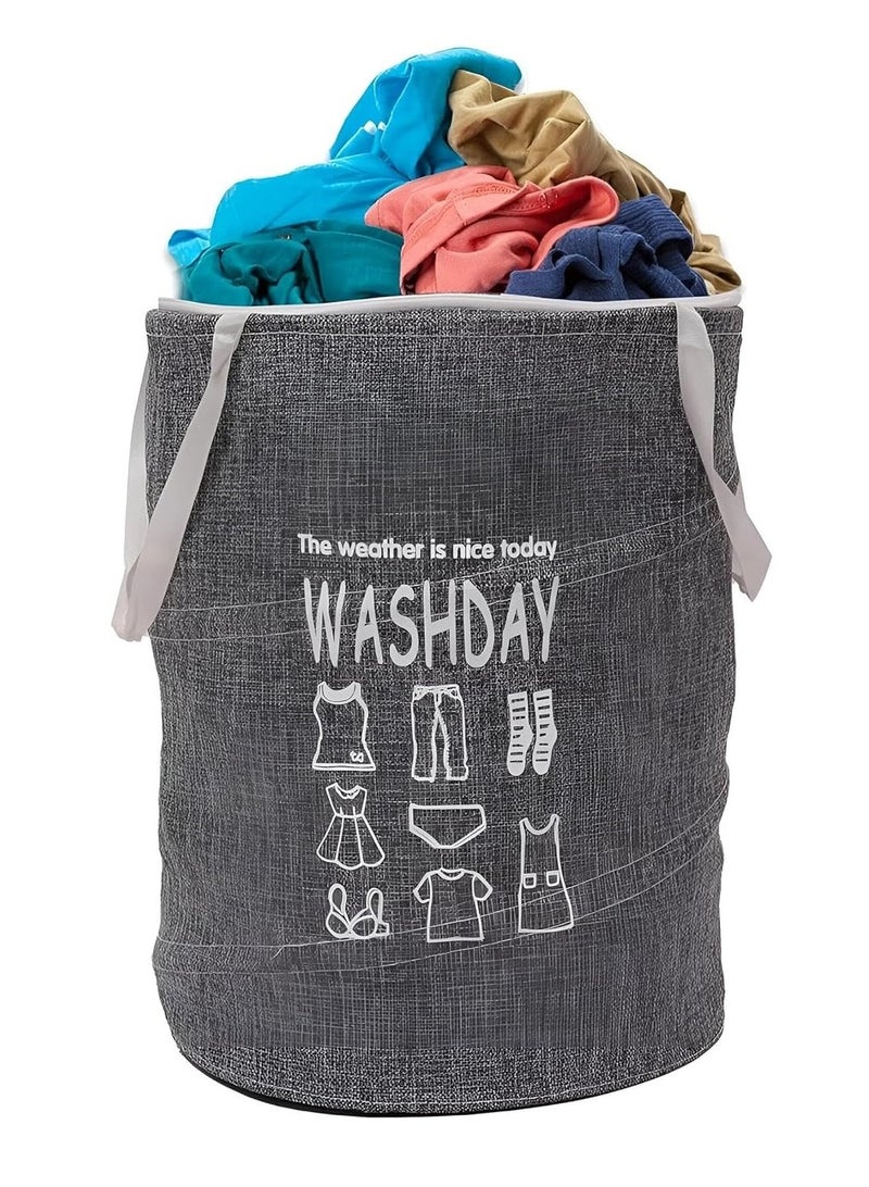 Plan A 45L Round Canvas Laundry Hamper, Foldable Waterproof Storage Basket with Rustproof Plastic Zipper Lid, Ideal for Clothes, Toys, Space Organization (Grey) - Image 2