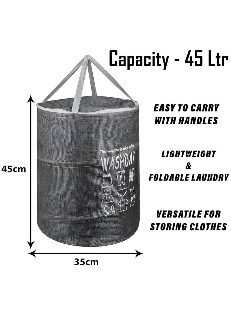 Plan A 45L Round Canvas Laundry Hamper, Foldable Waterproof Storage Basket with Rustproof Plastic Zipper Lid, Ideal for Clothes, Toys, Space Organization (Grey) - Image 5