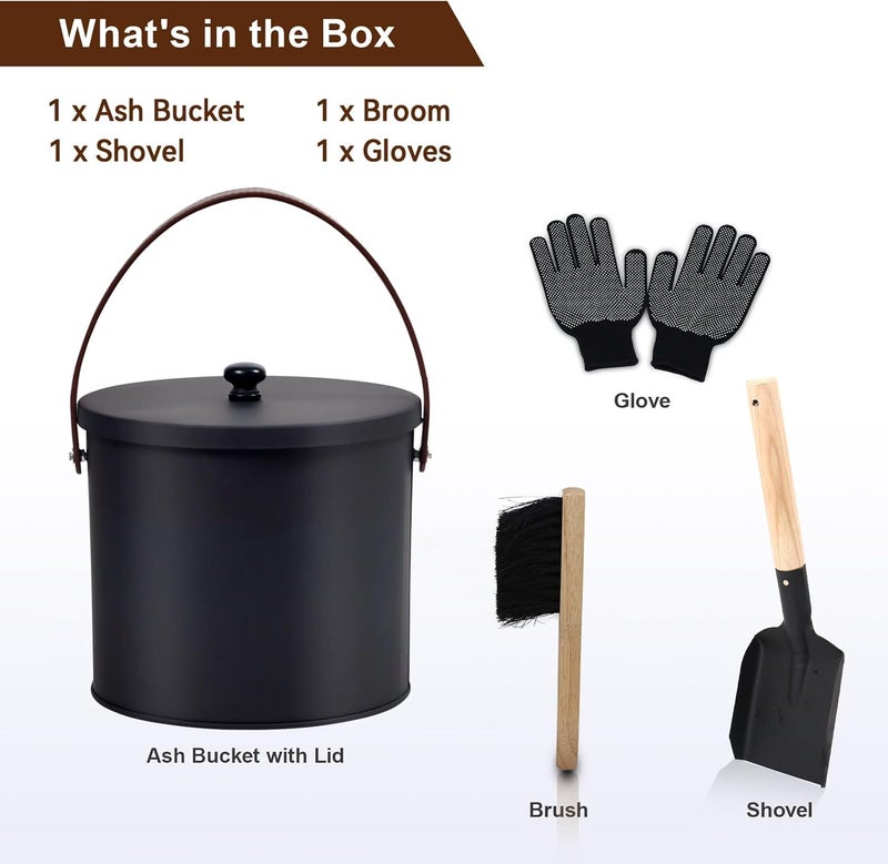 BRIAN & DANY Mini Ash Bucket with Lid and Shovel, 1.2 Gallon Fireplace Bucket with Broom, Perfect for Fireplaces, Wood Stoves - Image 3
